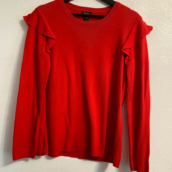Du Jour sz L Bold Red Sweater Top, Ruffle Sleeve, Feminine b2-24 - Picture 2 of 9